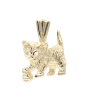 14KT Yellow Gold Small Estate Diamond Cut Cat Playing with Ball Pendant by MA 