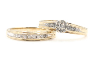 0.55 ctw Round Diamond Halo 10K Yellow Gold Channel Band Estate Wedding Ring Set