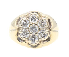 Men's 1.50 ctw Round Diamond 10KT Yellow Gold Flower Cluster Statement Ring 4.3g