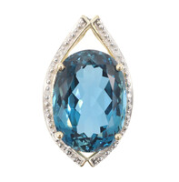 Unique 16.50 Ct Treated Blue Topaz & Natural Diamond 10KT Yellow Gold Pendant 1"