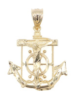 Religious 14KT Yellow Gold Diamond-Cut Crucifix Anchor Necklace Pendant 1.06"