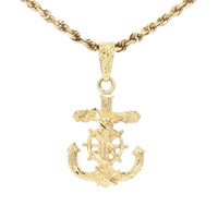 14KT Yellow Gold Crucifix Anchor Pendant w 20" 14KT Gold Rope Chain Necklace 15g