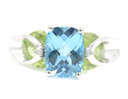 Unique 14KT White Gold 4.95 Ct Blue Topaz, Peridot & Diamond Accents Ring 4.17g