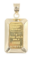 Credit Suisse One Gram Fine Gold Bar in 14KT Yellow Gold Bezel Pendant 1.1" 1.8g