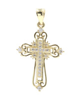 10KT Yellow Gold Round Cut Cubic Zirconia CZ Filigree Cross Necklace Pendant 2g