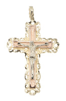 Classic 14KT Tri-Color Gold Diamond-Cut Filigree Crucifix Cross Pendant MA 1.6"