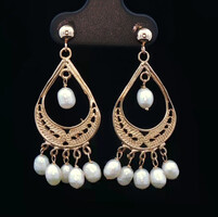 14KT Yellow Gold White Cultured Button Pearl Chandelier Dangle Earrings 3.5g  