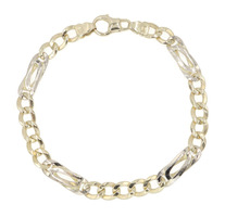 Italy High-Polish 14KT Yellow & White Gold Elongated Figaro Bracelet 9" 19.53g