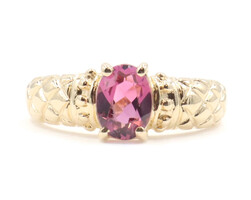 1.0 ctw Oval Cut Pink Tourmaline 14KT Yellow Gold Quilted Shank Estate Ring 3.5g