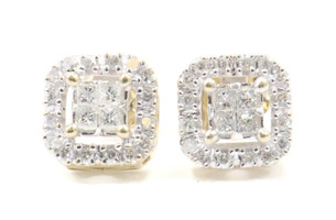 0.42 Ctw Princess & Round Diamond 10KT Yellow Gold Square Halo Stud Earrings ZEI