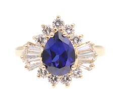 Women's 14KT Yellow Gold Blue Pear CZ w/ Round & Baguette CZ Halo Cocktail Ring