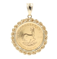 1980 1/4oz Krugerrand Gold Coin in 14KT Yellow Gold Rope Bezel Pendant 11.44g 