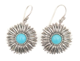 Estate Sterling Silver Round Cabochon Turquoise 36.3mm Sunflower Dangle Earrings
