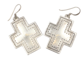 Sterling Silver 925 Southwestern Etched Outline Cross Medium Dangling Earrings