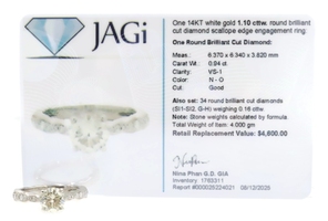 JAGi 1.10 Ctw Round Brilliant Diamond 14KT Gold Scalloped Engagement Ring 4.0g