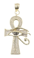 Egyptian Ankh 0.55 Ctw Black & White Diamond 10KT Gold Eye of Horus Pendant 1.7"