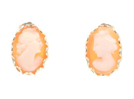 Women's Estate Oval Shell Cameo 14KT Yellow Gold Scalloped Stud Earrings 15mm