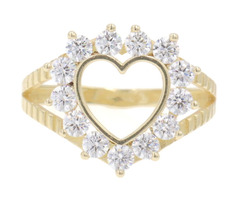 Women's 14KT Yellow Gold Open Heart Round CZ Split-Shank Cocktail Ring 3.5g