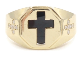 14KT Yellow Gold Men's Black Onyx and Round CZs Octagonal Signet Ring - 5.4g 
