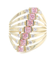 Stacked Semanario-Style 14KT Yellow Gold Pink & Clear Cubic Zirconia Ring 4.7g