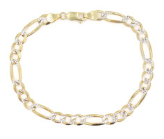 14KT Yellow Gold Two Tone Diamond Cut 5.8mm Wide 8" Figaro Link Bracelet - 8.7g