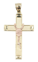 Diamond-Cut 10KT Yellow & Rose Gold "JHS" Rosary on Cross Necklace Pendant 1.8"