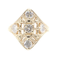 14K Yellow Gold 1.15 ctw Round Diamond Vintage Style Filigree Cocktail Ring 5.6g