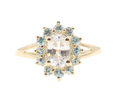 Estate White and Blue 10KT Yellow Gold Round and Oval Cut Quartz Statement Ring