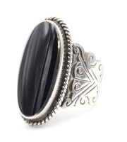Women's Estate Sterling Silver Oval Cabochon Cut Onyx Solitaire Filigree Ring 