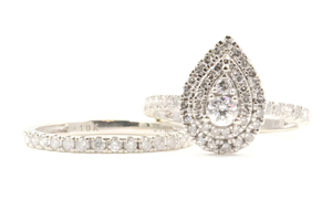 1.10 ctw Double Halo Pear Cluster Round Diamond 10KT White Gold Wedding Ring Set