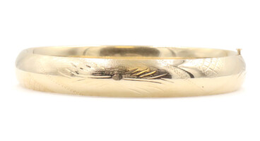 14KT Yellow Gold Estate Textured Brushed 10.5mm 7.5" Bangle Bracelet 11.98g