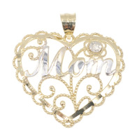 Milgrain 10KT Two-Tone Gold 0.03 Ct Round Diamond "Mom" Heart Pendant 0.96" 1.6g
