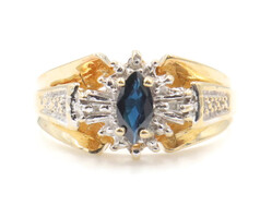 Marquise Lab Created Sapphire & 0.03 ctw Diamond 10KT Yellow Gold Ring - 2.6g