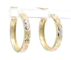 14KT Tri-Color Yellow White & Rose Gold Diamond Cut 17.8mm Round Hoop Earrings 