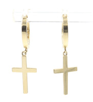 1.2" 14KT Yellow Gold Dangle High Shine Cross Round Hoop Earrings - 2.33 Grams