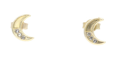 14KT Yellow Gold Crescent Moon with Round Cut Cubic Zirconia CZ Stud Earrings 