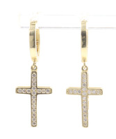 1.2" 14KT Yellow Gold Dangle Round Cubic Zirconia CZ Cross Round Hoop Earrings