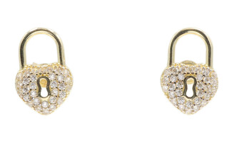 14KT Yellow Gold Round Cubic Zirconia CZ Lock Heart Stud Earrings - 1.84 Grams