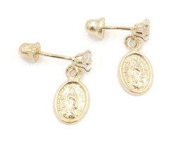 Classic 14KT Yellow Gold Lady Guadalupe Round Cubic Zirconia Dangle Earrings 