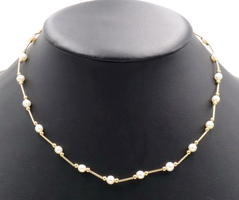 Women's Estate 14KT Yellow Gold Bar Link Cultured Pearl Beaded Station Necklace