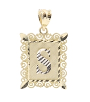 Diamond Cut 10KT Yellow Gold Rectangle Initial "S" Necklace Pendant 26.5mm 1.70g