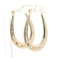 Women's Estate 10KT Yellow Gold Etched 0.9" Oval Hoop Earrings Made in Israel