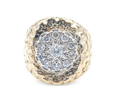 Heavy 10KT Yellow Gold 1.20 Ctw Round Diamond Cluster Nugget Statement Ring 27g