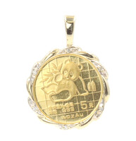 1989 1/20 Oz Au .999 Gold Panda Coin 14KT Yellow Gold Pendant w/ Diamond Accents