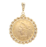 1892 Liberty Head Ten D Gold Coin in 14KT Yellow Gold Rope Bezel Pendant 22.34g 
