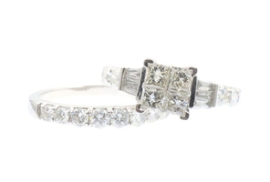 2.42 Ctw Princess, Tapered Baguette & Round Diamond 14KT Gold Wedding Ring Set
