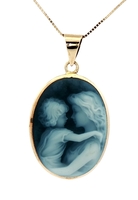 Mother and Child Oval Cameo 14KT Yellow Gold Pendant on 14KT Box Chain 16" Italy