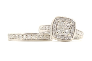 2.00 ctw Princess and Round Cut Diamond Halo 14KT White Gold Wedding Ring Set. B