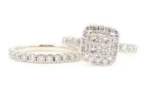 1.50 ctw Princess and Round Cut Diamond Halo 14KT White Gold Wedding Ring Set