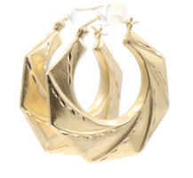 Estate 14KT Yellow Gold 32.5mm Satin Finish Diamond Cut Angular Hoop Earrings
